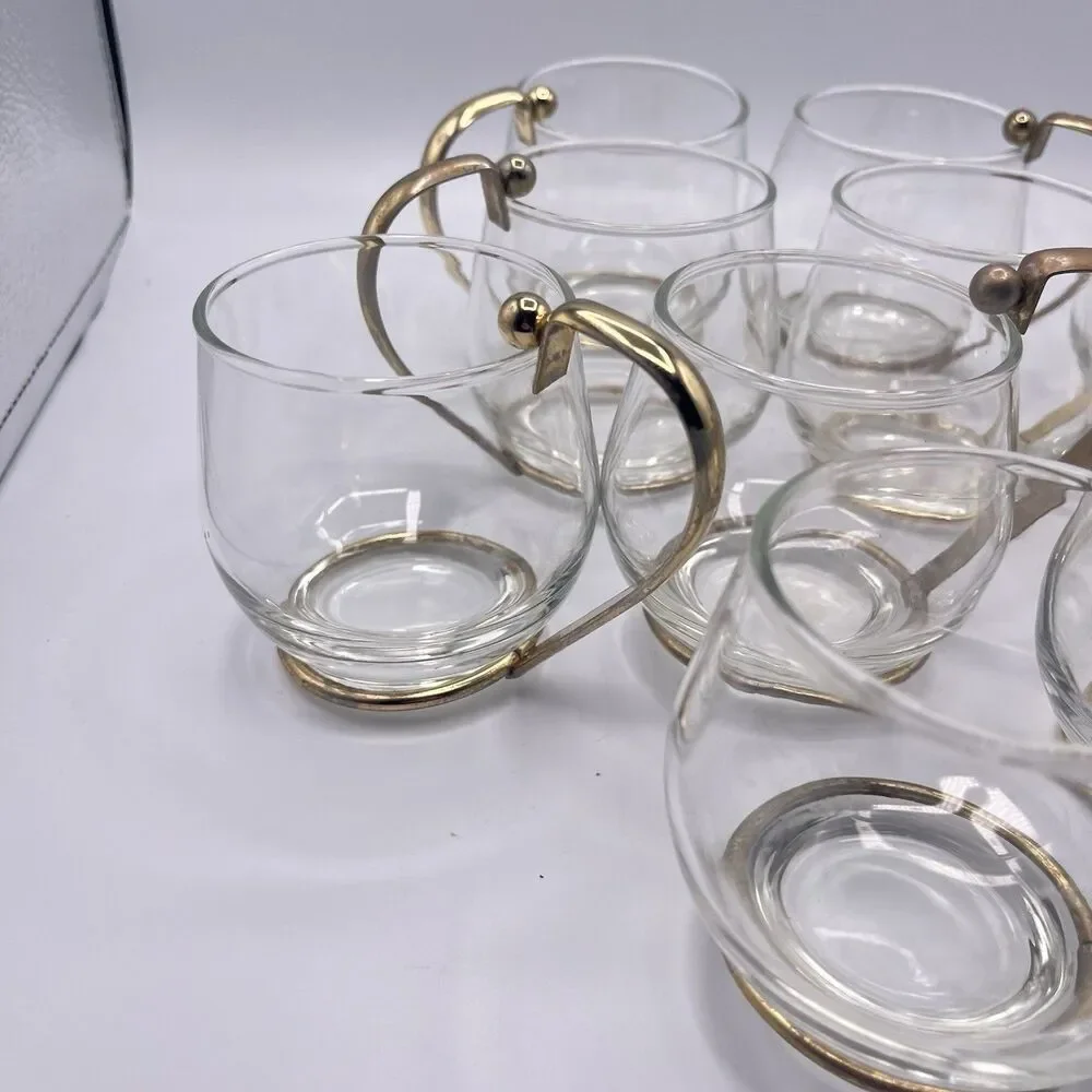 11 Vintage Brass Handled Glass Mugs Mid Century Modern Bar Ware